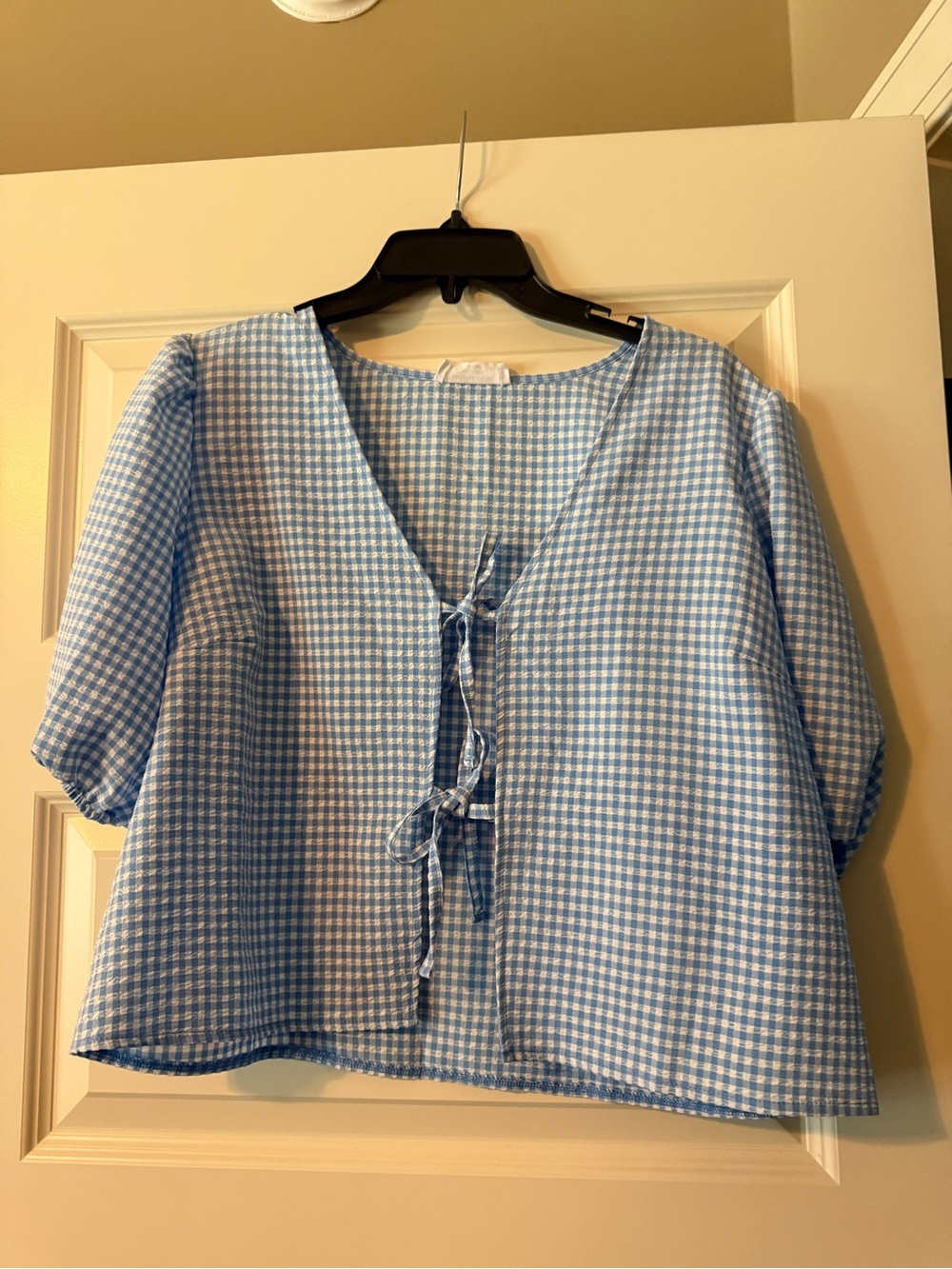 Double Zero Light Blue Gingham Tie-Front Blouse